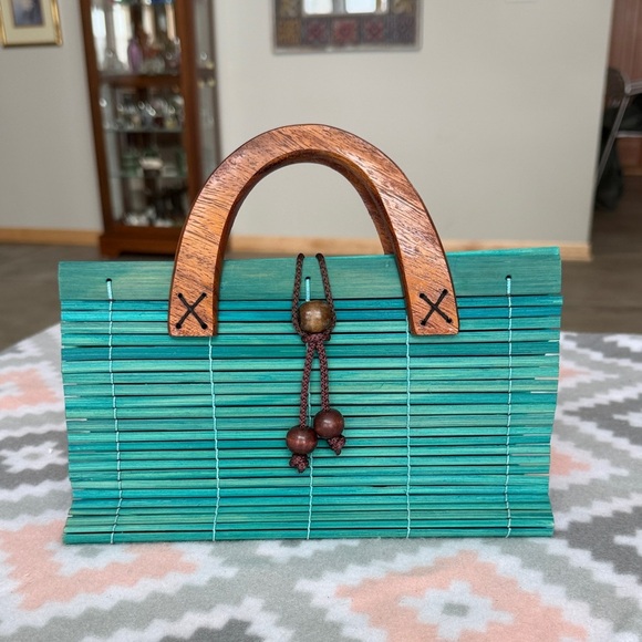 Handmade Handbags - Teal Bamboo Clutch with Wooden Handle